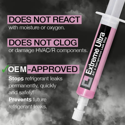 Side view of Extreme Ultra A/C leak stop syringe with pink label and white plunger