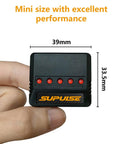Mini 5in1 USB Charger For RC Planes And Spare Parts held between fingers, dimensions 39mm x 33.5mm, black with logo