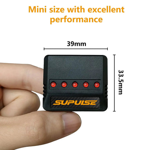 Mini 5in1 USB Charger For RC Planes And Spare Parts held between fingers, dimensions 39mm x 33.5mm, black with logo