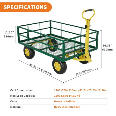 22 Cu Ft Steel Tow Behind Dump Cart for ATVs and UTVs with specifications and dimensions
