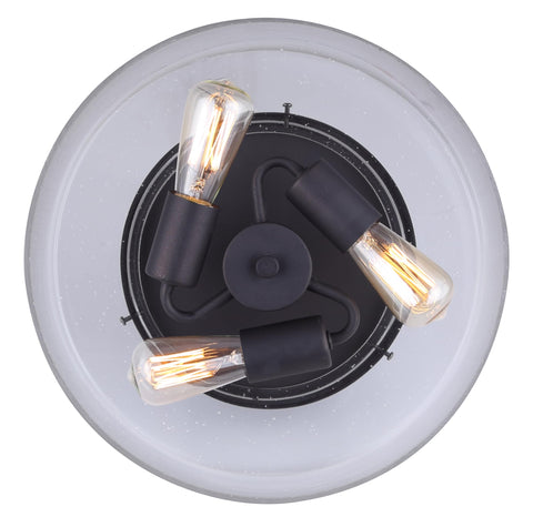 Top view of Nash 3 Bulb Semi Flush Light With Seeded Glass In Oil Rubbed Bronze Finish For A Dope Modern Rustic Look In Kitchen Hallway Or Foyer Easy Push In Connection Uses 60W Type A Bulbs Not Included.