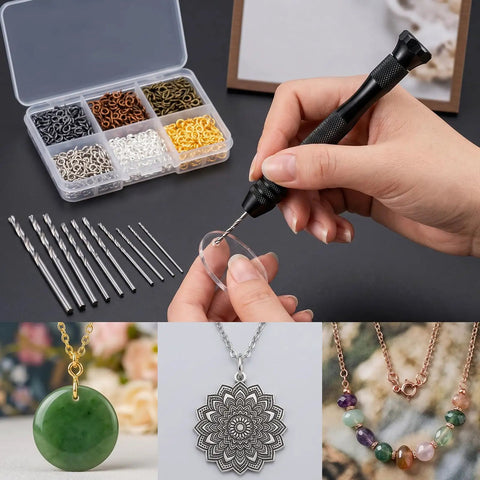 Hella Durable Zinc Alloy Hand Drill Set With Six Hundred Eye Screws Ten Precision Bits And Fifteen Keychain Rings Sweet For Resin Crafting Diy Epoxy Molds And Creative Hobby Vibe Projects in use with various jewelry.
