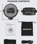 Package contents of Rechargeable Magnetic Golf Cart Fan With 12000mAh Battery, including fan, USB cord, strap, manual, and bag.