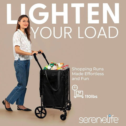 Woman using Large Folding Utility Shopping Cart with Removable Liner, heavy-duty steel frame, 360° swivel wheels, black, 110 lb capacity