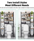 Freestanding Eight Tier Over The Toilet Storage Rack With Adjustable Shelves And Drain Basket Vintage Brown Bathroom Home Organizer showcasing two install styles with features and toiletries.