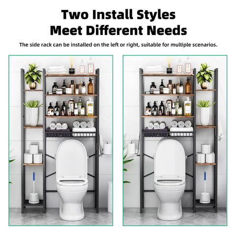 Freestanding Eight Tier Over The Toilet Storage Rack With Adjustable Shelves And Drain Basket Vintage Brown Bathroom Home Organizer showcasing two install styles with features and toiletries.