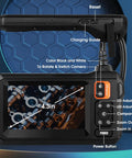 Dual Lens Endoscope 1080P Borescope With 32.8ft Cable And 4.3Inch LCD Screen showing engine internal view, buttons labeled