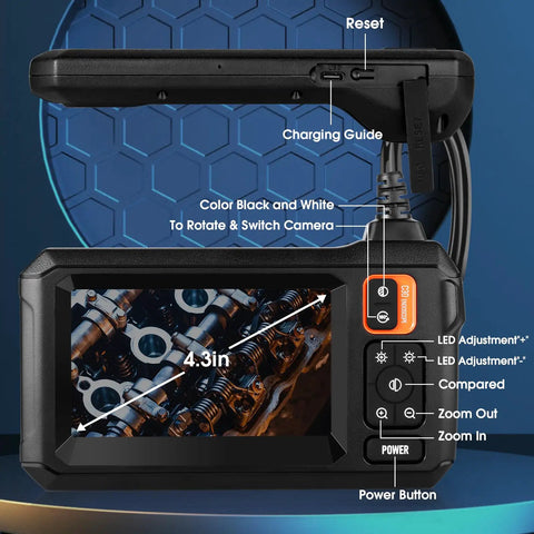 Dual Lens Endoscope 1080P Borescope With 32.8ft Cable And 4.3Inch LCD Screen showing engine internal view, buttons labeled
