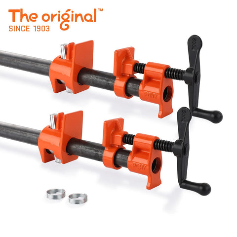 PONY 2-pack pipe clamp fixtures for 3/4 in black pipe; orange clamps with black tightening handles.