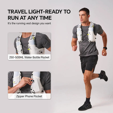 Man running in Ultralight Running Hydration Vest With Two 500ml TPU Soft Flasks, showing bottle pockets and phone pocket.