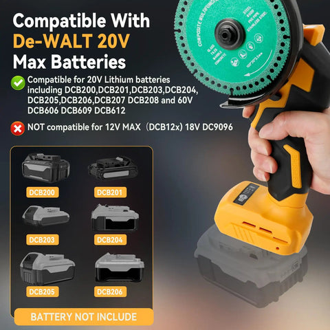 4 Inch Cordless Cut Off Tool For DeWalt 20V Pro Grade Brushless Motor 18000 RPM shown with 4 inch blade and compatibility info