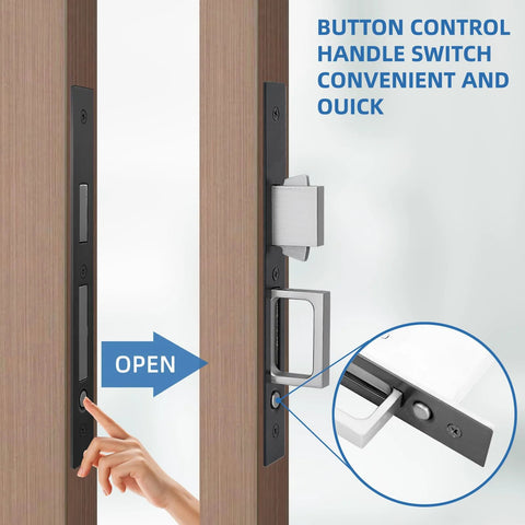 Modern Pocket Door Hardware Set With Privacy Lock, Finger Flush Pulls And Soft Close for barn and pocket doors, shown installed
