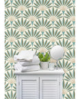 Knockout Modern Geometric Wallpaper With Rock Solid Polyester And Natural Fiber Build Featuring A Slick Linen Finish Pvc Free Heavy Duty Material in a bathroom setting with fresh towels and a plant.
