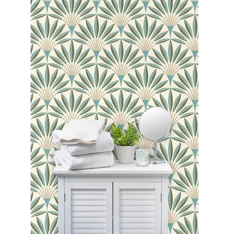 Knockout Modern Geometric Wallpaper With Rock Solid Polyester And Natural Fiber Build Featuring A Slick Linen Finish Pvc Free Heavy Duty Material in a bathroom setting with fresh towels and a plant.