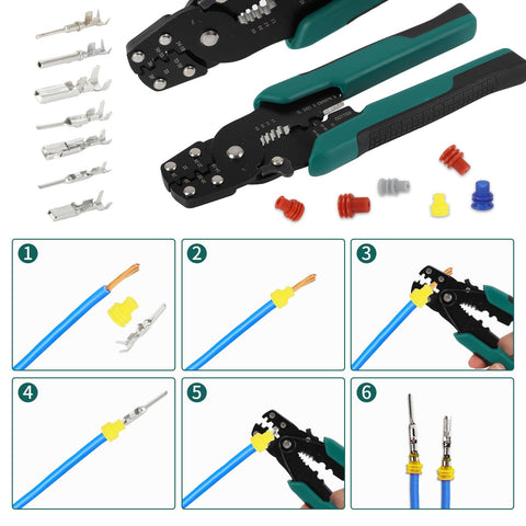 Pin Connector Kit With Crimping Pliers, Pro Grade 450Pcs Terminal Pins, 26 Types, 360Pcs Waterproof Seals, shown with wiring steps.