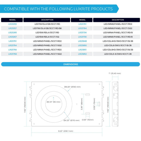 Diagram showing compatibility chart and dimensions for Luxrite New Construction Mounting Plate For 3, 4, And 6 Inch LED Recessed Lights Kit