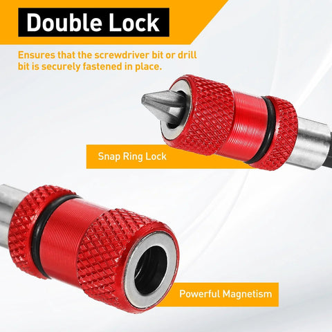 Front and side views of red 3-inch CR-V steel magnetic screwdriver bit holders with 1/4-inch hex shank.