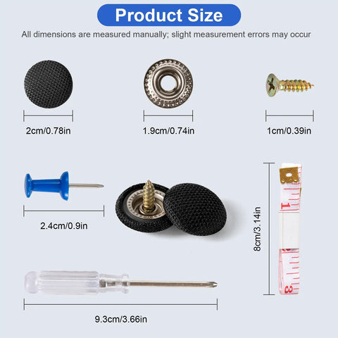 Image showing product sizes of components in Universal Car Roof Headliner Repair Kit With 262 Piece Set Including Push Pin Fasteners And Screwdriver.