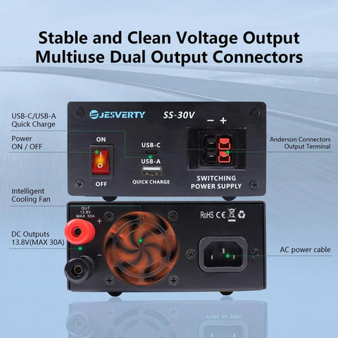 Front and back view of 13.8V 30A DC Regulated Beefy Go-To Bench Power Supply With USB-C Quick Charge and Anderson Connectors.