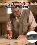 Man using 9 In 1 Multitool Pen Set For Dad And Husband in workshop, highlighting ruler and bubble level feature.