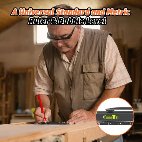 Man using 9 In 1 Multitool Pen Set For Dad And Husband in workshop, highlighting ruler and bubble level feature.