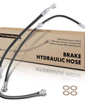 Front Driver And Passenger Brake Hydraulic Hose Kit For Nissan Rogue 2008 To 2014 And Rogue Select 2014 To 2015 Left And Right Pack Of 2 Direct Fit Replacement For Safer Stops And Solid Braking Performance shown with box packaging.