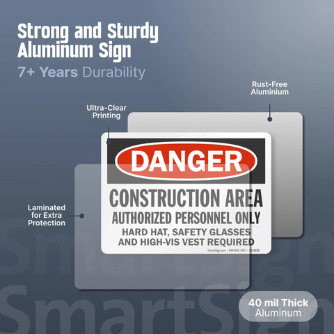 Heavy Duty Aluminum Danger Sign For Construction Area Locking Out Unauthorized Crews With Straight Up Rust Resistant Outdoor Wall Mounts For Any Day One Job Site Project, 40 mil thick, features ultra-clear printing.