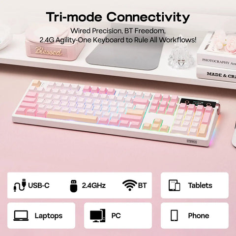 Full Size Mechanical Keyboard With Smart Screen And Media Knob For Rgb Backlit Gaming Setups Featuring Tight Switches And Streamer Ready Layout. Tri-mode connectivity with pink and white keycaps.