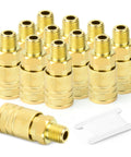 Front view of gold brass 12-pack 1/4-inch male air quick-connect couplers with knurled bodies