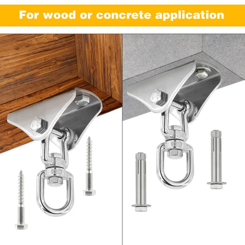 Badass Heavy Duty Swing Hangers With Beast Mode Two Thousand Pound Capacity And Smooth Three Sixty Swivel Stainless Steel Hardware for wood or concrete.