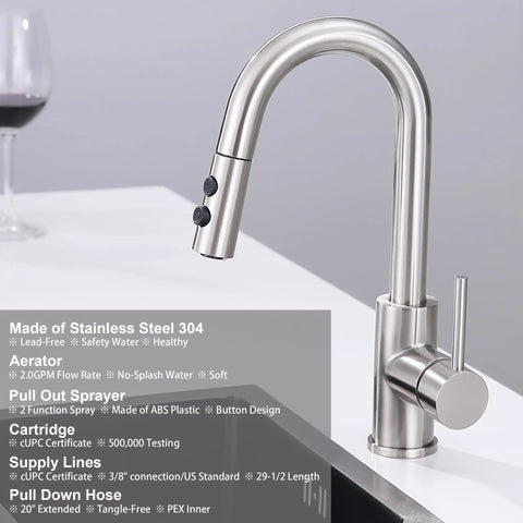 Bar Sink Faucet With Pull Out Sprayer For Single Hole Mount One Handle Stainless Steel Brushed Nickel Modern Small Kitchen Faucet No Sweat Install Lead Free Durable Cartridge And CUPC Supply Hose on countertop