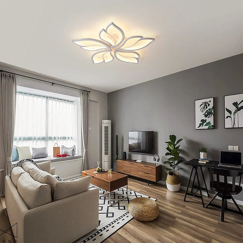 Five Leaf LED Ceiling Light With Remote Control For Living Room, 23.6-Inch Lit Flush Mount Chandelier in a modern living room