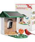 Solar Powered Bird Feeder With Camera, 2K Live Feed, Smart AI Bird Recognition, 2L Seed Capacity, Auto Captured Videos, Real Time Alerts, Outdoor Backyard Hummingbird Feeder showcased with packaging.