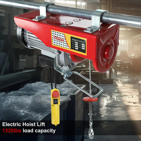 Heavy-Duty Electric Hoist Lift 1320 Lb Capacity With Remote Control 110V Winch Steel Wire Overhead Crane in a workshop