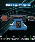 Top Shelf Heavy Duty Leather Burnishing Machine With Variable Speed Dial And Rosewood Edge Polisher For No Fuss Finishing and Quiet Low Noise Bench Grinder Kit on dark green fabric background.