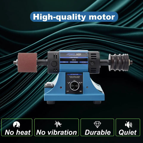 Top Shelf Heavy Duty Leather Burnishing Machine With Variable Speed Dial And Rosewood Edge Polisher For No Fuss Finishing and Quiet Low Noise Bench Grinder Kit on dark green fabric background.