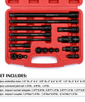 Open case of Heavy Duty Drive Tool Accessory Set With CR-V Steel And Black Phosphate Finish Includes Socket Adapters Extension Bars Universal Joints And Impact Coupler For Professional Socket Accessories 18 Piece Kit showcasing tools.