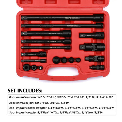Open case of Heavy Duty Drive Tool Accessory Set With CR-V Steel And Black Phosphate Finish Includes Socket Adapters Extension Bars Universal Joints And Impact Coupler For Professional Socket Accessories 18 Piece Kit showcasing tools.