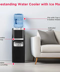 No Fuss Three In One Hot And Cold Water Cooler Dispenser Featuring Built In Bullet Ice Maker And Simple Top Load Five Gallon Bottle compact black finish with removable drip tray.