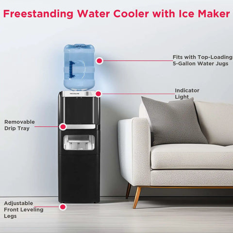 No Fuss Three In One Hot And Cold Water Cooler Dispenser Featuring Built In Bullet Ice Maker And Simple Top Load Five Gallon Bottle compact black finish with removable drip tray.