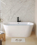 Hella Spacious Freestanding Acrylic Bathtub, Gloss White Stand Alone Soaker With Smooth Double Wall Insulation, Sweet No Hassle Installation, Top Shelf Bathroom Vibe And Slick Chrome Drain For Ultimate Chill Vibes in modern bathroom setting.