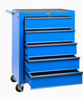 Heavy Duty 20 Inch Rolling Tool Chest Featuring 5 Slick Ball Bearing Drawers Rock Solid 360 Swivel Casters Scratch Proof Steel Work Top Blue Garage Organizer with open drawers.
