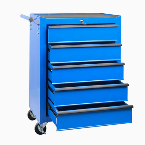Heavy Duty 20 Inch Rolling Tool Chest Featuring 5 Slick Ball Bearing Drawers Rock Solid 360 Swivel Casters Scratch Proof Steel Work Top Blue Garage Organizer with open drawers.