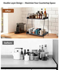 Two Tier Coffee Bar Organizer For Countertop With Metal Frame And Wooden Shelves All In One Coffee Station Rack displayed on counter