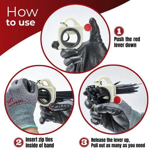 Demonstration of Two Pack Zip Tie Organizer Holders With Twenty 8 Inch Black Cable Ties, steps showing hands using the product.