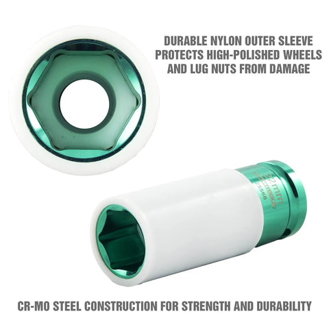 Non Marring 22mm Lug Nut Socket for Half Inch Drive, nylon sleeve, green interior, protects high polish wheels from damage