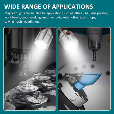 Heavy Duty Magnetic LED Work Light With A Flexible Gooseneck And Ironclad Magnet Base illuminating machinery and drill press settings.