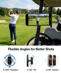 A golfer swings near a golf cart with a Magnetic Golf Cart Phone Holder With 28 Strong Magnets, Military-Grade Durability, Fits EZGO Yamaha Club Car attached.