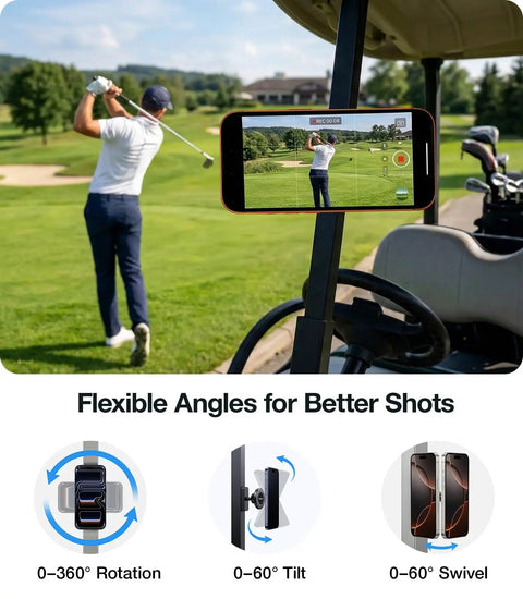 A golfer swings near a golf cart with a Magnetic Golf Cart Phone Holder With 28 Strong Magnets, Military-Grade Durability, Fits EZGO Yamaha Club Car attached.