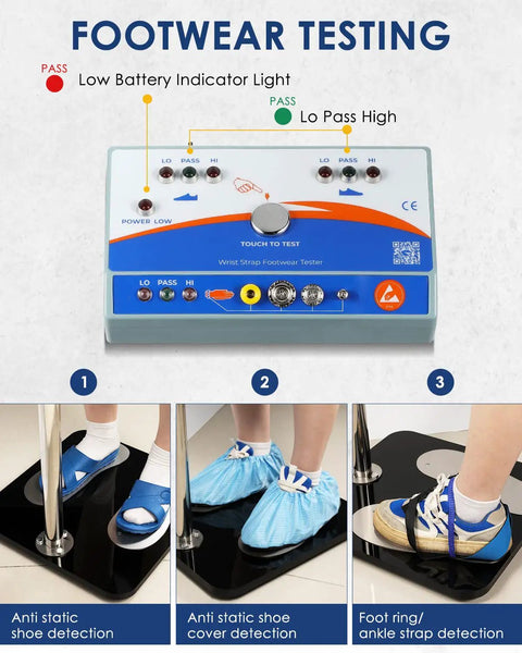 Antistatic Wrist Strap Tester And Foot Strap Tester With Three Test Modes Wrist Strap Or Shoe Or Wrist Strap And Shoe Pro Grade Whole Body Static Tester Access Control System Compatible 110 Volt Set, footwear testing display